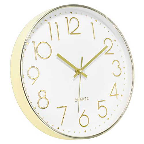 Foxtop 12" Modern Wall Clock Silent Battery Operated Analog Clock, Gold | Non Ticking, Quartz, Round, Easy to Read, Bedroom, Kitchen, Living Room, Office - color: Gold, size: 12 Inch Quartz