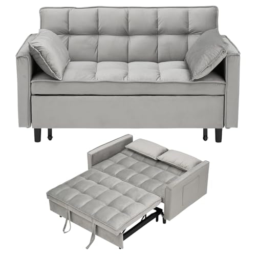 3 in 1 Convertible Sleeper Sofa Bed, Velvet Loveseat Futon Pull-Out Couch with Adjustable Reclining Backrest, Side Pockets and Pillows for Living Room, Bedroom, Apartment, Small Spaces (Gray-Velvet) - color: Gray-velvet