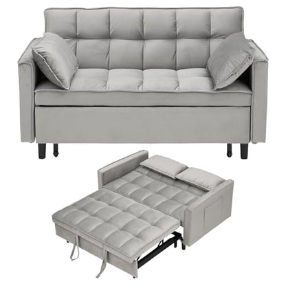3 in 1 Convertible Sleeper Sofa Bed, Velvet Loveseat Futon Pull-Out Couch with Adjustable Reclining Backrest, Side Pockets and Pillows for Living Room, Bedroom, Apartment, Small Spaces (Gray-Velvet) - color: Gray-velvet