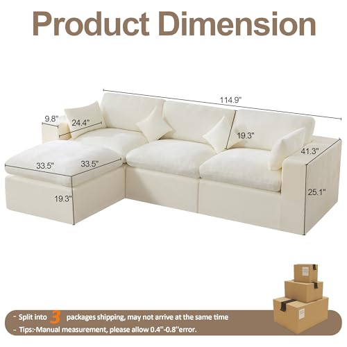 115''Cloud Boneless Sectional Couch, Modular Sectional Sofa Deep Seat with Ottoman, Oversized Upholstered Convertible Comfy 4 Seater Chenille Sofa L Shape Couches for Living Room, Beige - color: Beige, size: 115"/3 Seater+1 Ottoman