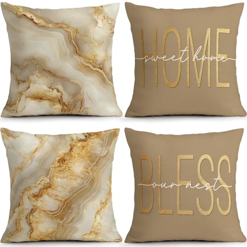 OBSEDE Gold Marble Home Bless Decorative Throw Pillow Covers 16x16 Set of 4 | Cozy Couch Cushion Cases, Abstract Farmhouse Style, Invisible Zipper, Single-Sided, Sofa Bed Living Room Housewarming Gift - color: Inspirational Beige Marble, size: 16" x 16" (