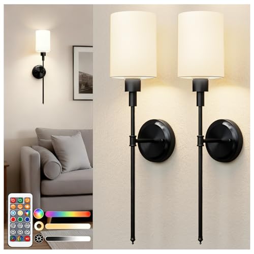 Battery Operated Wall Sconce: Set of 2 Wireless Wall Lights with 12000mAh | 15 Color Rechargeable Wall Sconces, Not Harwired Sconce Wall Decor Set of 2 for Bedroom, Living Room, Black 24.3in - color: Black