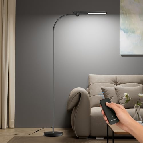 Honeywell LED Floor Lamp with Remote, CRI97 Dimmable Gooseneck 77" Black | 96 Sunturalux LED Beads 3 Color Temps 3000K-5000K,Wireless Remote,Modern Standing Lamp for Living Room Bedroom Office Reading - color: New Black