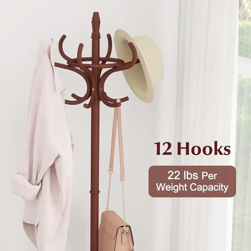 Giantex Solid Wood Coat Rack, Freestanding Hanger Stand w/12 Hooks, Umbrella Holder, Entryway Hall Tree for Coat, Hats, Scarves, Bags, Wooden Garment Rack for Bedroom, Hallway (Reddish Brown) - color: Reddish Brown