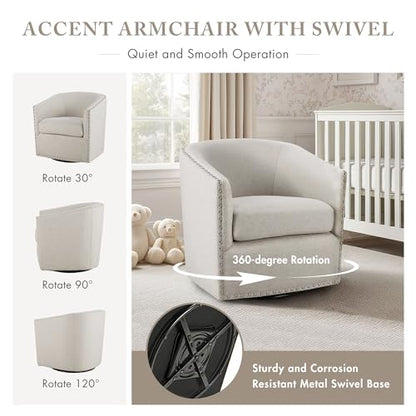 Madison Park Swivel Barrel Accent Chair, Upholstered Curved Back with 7-Inch Thick Woven Cushion, 360° Swivel, Nailhead Trim, Comfy Chair for Living Room, Bedroom, Office, 28" Wide, Neutral, Tyler - color: Natural Multi