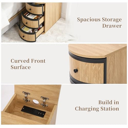 BERRYMERRY Narrow End Table with Charging Station, Modern Slim Nightstand Bedside Table with 3 Drawers for Bedroom Living Room, Natural Wood Grain, 11.81" W x 23.51" D x 23.62" H