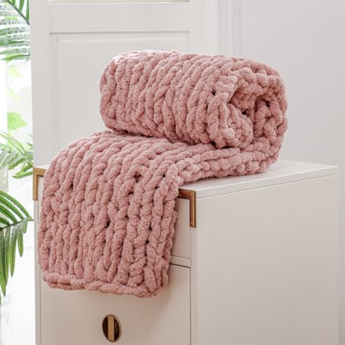 WESHIONGOO Chunky Knit Blanket Throw for Couch Bed 40"×40" Pink | 100% Handmade Knitted Throw blankets Fluffy Soft Blanket With Jumbo Chenille Yarn Thick - color: Pink, size: 40"x40"(Small Size Throw)