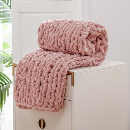 WESHIONGOO Chunky Knit Blanket Throw for Couch Bed 40"×40" Pink | 100% Handmade Knitted Throw blankets Fluffy Soft Blanket With Jumbo Chenille Yarn Thick - color: Pink, size: 40"x40"(Small Size Throw)