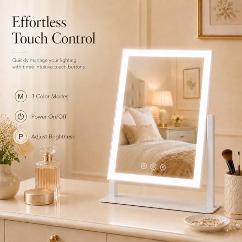 ROLOVE 16"x13" Vanity Mirror with Lights, Three Colors Lighting Mode, 360°Rotation, Lighted Makeup Mirror wih Stand for Desk, Bedroom, Dorm, Gifts for Women - color: White, size: 16"L x 13"W