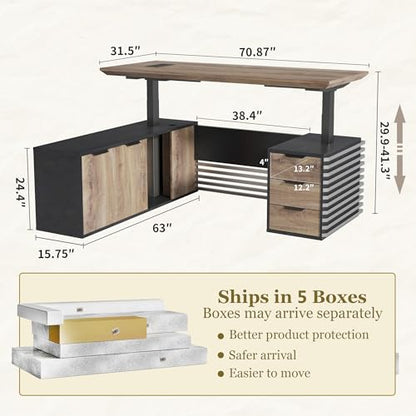SAINTCY L Shaped Executive Standing Desk with Drawers, 70.87In Large Modern Adjustable Heigh Office Desk w/File Cabinet, AC/USB, 2.56" Thick Floating Desktop,for Home Office, Studio - color: Left, size: 62.99"D x 70.87"W x 29.5"H