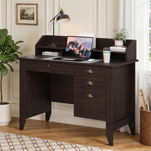 4 EVER WINNER Small Desk with Drawers, Office Desk with File Drawer and Monitor Stand, Writing Desk Study Table for Small Spaces, Espresso - color: Espresso