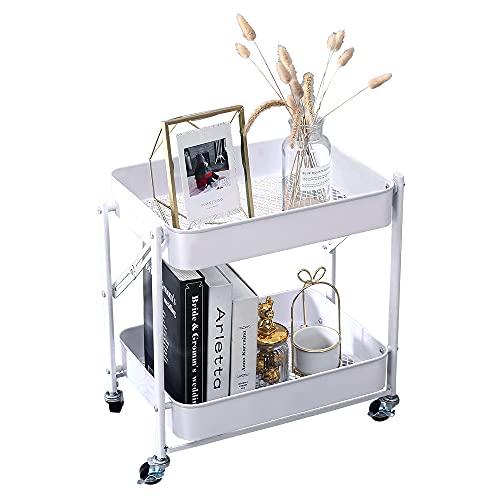 Melody House 2-Tier Metal Folding Rolling Cart, Mobile Utility Cart Trolley Storage Organizer for Office Home Kitchen Organization, Sofa Side End Table with Wheels, White - color: C- White