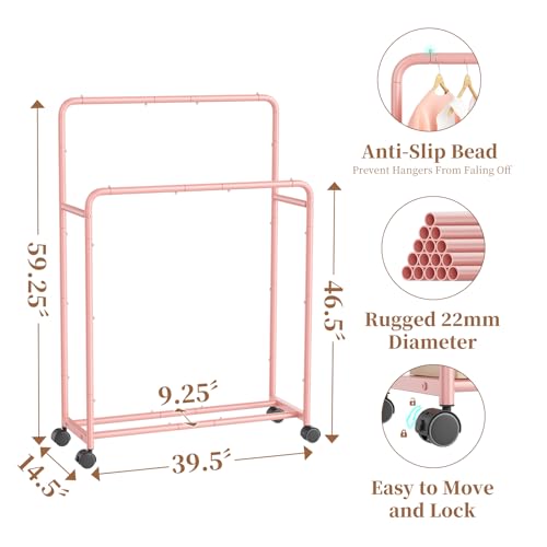 Simple Trending Clothing Clothes Rack, Double Rod Garment Rack, Pink | Portable Closet with Bottom Shelf, Anti-Slip Stoppers, 360° Lockable Wheels, Multiple Uses, Bedroom, Laundry Room - color: Pink