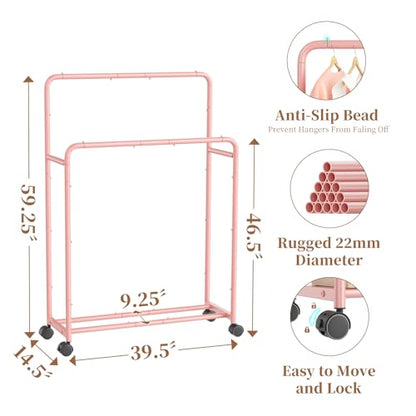 Simple Trending Clothing Clothes Rack, Double Rod Garment Rack, Pink | Portable Closet with Bottom Shelf, Anti-Slip Stoppers, 360° Lockable Wheels, Multiple Uses, Bedroom, Laundry Room - color: Pink