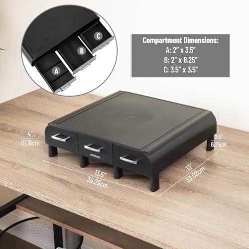 Mind Reader Monitor Stand, Laptop Riser, Desktop Organizer, Storage Drawer, Office, Plastic, 13.5"L x 13"W x 4"H, Black - size: 1 Pack