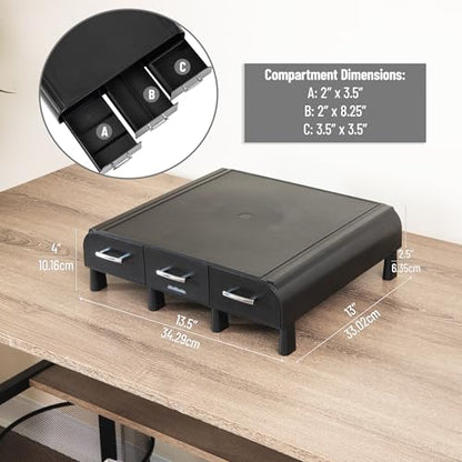 Mind Reader Monitor Stand, Laptop Riser, Desktop Organizer, Storage Drawer, Office, Plastic, 13.5"L x 13"W x 4"H, Black - size: 1 Pack