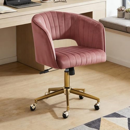 Vanity Chair with Back 360 Swivel Armchair and Gold Base, Criss Cross Chair with Wheels for Vanity Home Office, Living Room, Bedroom and Study (Pink) - color: Pink