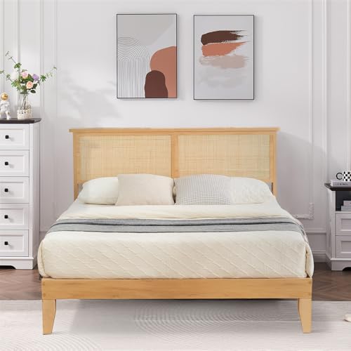 GarveeHome Rattan Bed Frame Queen, Rustic-Chic Bed Frame Queen Size with Natural Rattan Headboard, Queen Bed with Led Lights, Wooden Support Legs and Slats, Noise-Free, No Box Spring Needed - size: Queen