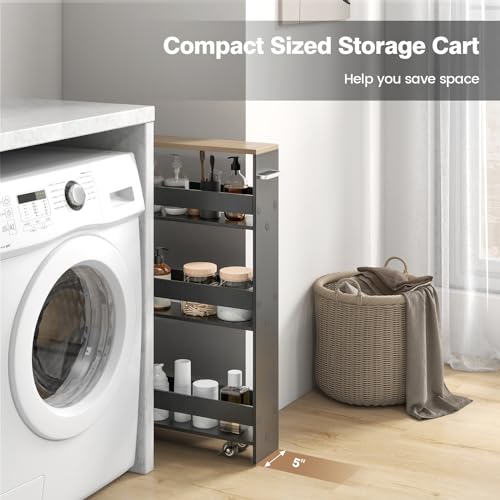 Slim Storage Cart, 4-Tier Rolling Cart with Handle & Wooden Top for Kitchen Bathroom Laundry Living Room Narrow Small Spaces, 5 Inches Width (Grey & Natural) - color: Grey & Natural