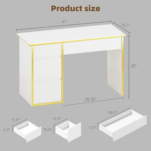 4 EVER WINNER 47-Inch Fluted Computer Desk with 4 Drawers, White and Gold | Compact Home Office Desk with 4 Storage Drawers, Including a Deep File Drawer, White and Gold Desk for Bedroom, Small Spaces - color: White and Gold