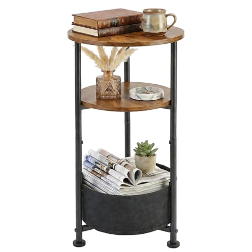 3-Tier Small Round Side Table with Storage Basket, Rustic Brown | 11.8" Diameter Nursery Side Table Narrow End Table for Small Spaces, Modern Corner Table Living Room Small Nightstand Bedroom - color: Rustic Brown