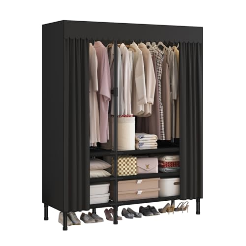 Portable Closet with Cover 43.3"x17.7"x65.7" Wardrobe Closet Black | Portable Closet for Hanging Clothes, Fabric Cover and Hanging Rod, Portable Wardrobe Storage for Bedroom or Dorm Use - color: Black-a, size: 43.3" L