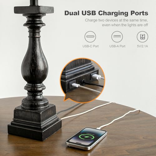 BOBOMOMO 27" Farmhouse Black Table Lamp Set of 2 with USB A+C for Bedroom Living Room Vintage Rustic Traditional Nightstand Bedside Lamps Retro Side Table Lamps (Blubs not Included) - color: Black