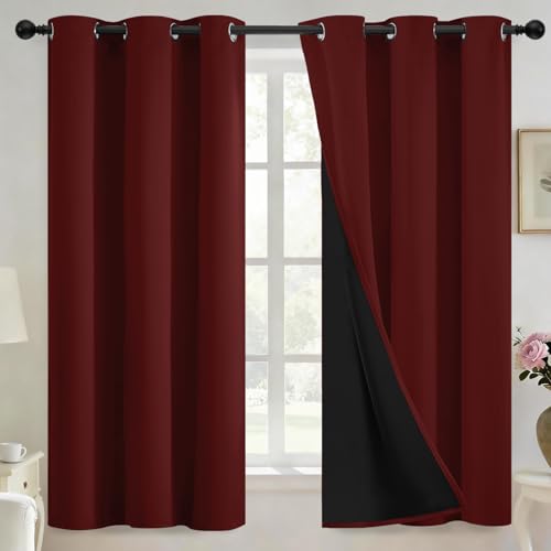 Yakamok Burgundy Red Blackout Curtains 63 inches Long for Bedroom 38" Wide | Thermal Insulated Window Treatment Total Blocking Panels with Black Liner for Living Room/Dining Room Grommet Top 2 Panels - color: Burgundy Red, size: 38"W x 63"L (Pack of 2)