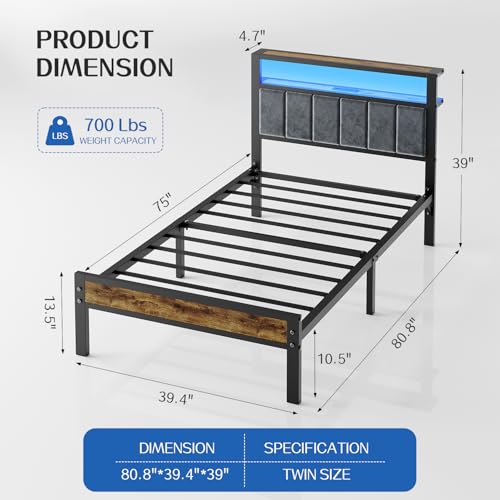 Liians Twin Size Bed Frame with LED Lights, Grey Upholstered Headboard | Platform Bed with 2-Tier Storage Shelf, Charging Station, Noise Free, No Box Spring Needed, Easy Assemably - size: Twin