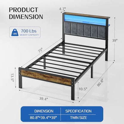 Liians Twin Size Bed Frame with LED Lights, Grey Upholstered Headboard | Platform Bed with 2-Tier Storage Shelf, Charging Station, Noise Free, No Box Spring Needed, Easy Assemably - size: Twin