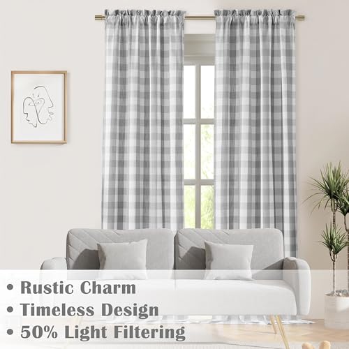 Gray White Gingham Buffalo Plaid Check Window Curtains 63 Inch | Farmhouse Semi Sheer Drapes,Rustic Rod Pocket Window Treatment for Bedroom Living Room,2 Panels,40"x63",Grey - color: Gray/White, size: 40"W x 63"L (Pack of 2)