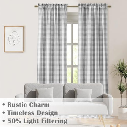 Grey White Buffalo Plaid Semi Sheer Curtains 84 Inches Long | Farmhouse Gingham Rod Pocket Drapes,Rustic Window Treatment for Bedroom Living Room,52"Wx84”L(Pack of 2) - color: Gray/White, size: 52"W x 84"L (Pack of 2)