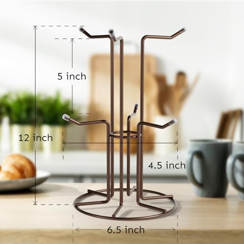 HULISEN Mug Tree for Large Cups, 6 Hook Countertop Coffee Mug Holder, Brown | Cup Rack for Counter, Stable Wide Base, Metal Stand for Kitchen Coffee Bar Display, Space-Saving, No Assembly Required - color: Brown
