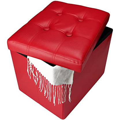 Bsketa Storage Ottoman, Folding Foot Stool with Thicker Foam Padded Seat Small Leather Storage Ottoman Bench Foot Rest for Living Room Foldable Coffee Table 17x13x13in,Red | Ottoman with Storage, Thicker Foam Padded Seat, Living Room, Dorm, Bedroom, Load
