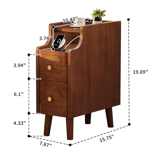 Narrow Nightstand with Drawers, 7.9" Solid Wood Side Table for Small Spaces, Small Bedside Table for Bedroom with Pull-Out Tray, Walnut - color: Walnut, size: 8"