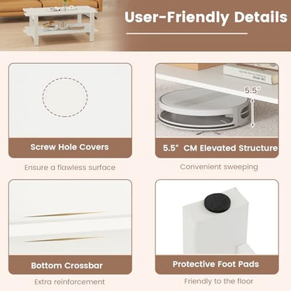 Giantex Coffee Table with Storage, 45 Inch Modern Center Table with Slatted Design & Side Rail Support, Rectangular Living Room Table for Small Spaces, White - color: White