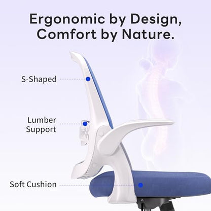 amseatec Ergonomic Mesh Desk Chair with Flip-Up Arms, Supports 300 lbs | Aerospace-grade frame, Mesh & 3" foam seat. 90-110° rocking, height adjustable, 360° swivel. - color: Blue