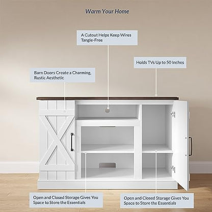 BELLEZE Industrial 47 Inch Rustic Wood TV Stand & Media Entertainment Center Console Table for TVs up to 50 Inch with Open Storage Shelves & Cabinets - Veropeso (White) - color: White, style: 47"