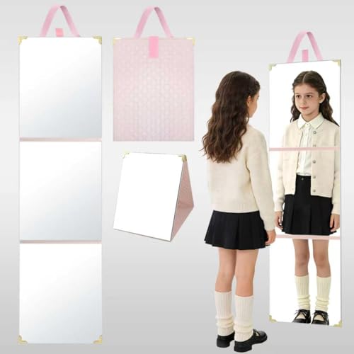 49 x 12 Inches Foldable Portable Full Length Mirror for Travel, Shatterproof Trifold Hanging Folding Mirror for Camping, Dance Bag with Garment Rack, Makeup Full Body Over the Door, Large, RV, Pink