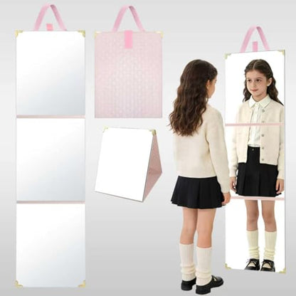 49 x 12 Inches Foldable Portable Full Length Mirror for Travel, Shatterproof Trifold Hanging Folding Mirror for Camping, Dance Bag with Garment Rack, Makeup Full Body Over the Door, Large, RV, Pink