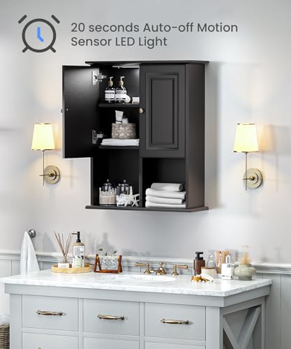 HAIOOU Bathroom Wall Cabinet with Motion Sensor Light, 23.6 Inch - Black | Wooden Wall Mounted Medicine Cabinet with Adjustable Shelf, Soft Close Hinges for Over the Toilet Bathroom Storage - color: Black