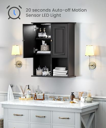 HAIOOU Bathroom Wall Cabinet with Motion Sensor Light, 23.6 Inch - Black | Wooden Wall Mounted Medicine Cabinet with Adjustable Shelf, Soft Close Hinges for Over the Toilet Bathroom Storage - color: Black