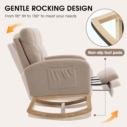 Rocking Chair Nursing, Rocker Chair with Footrest (Brown) | Teddy Boucle Upholstered Accent Reading Chair with High Back & Side Pocket for Living Room Bedroom Nursery Office - color: Brown