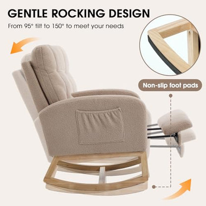Rocking Chair Nursing, Rocker Chair with Footrest (Brown) | Teddy Boucle Upholstered Accent Reading Chair with High Back & Side Pocket for Living Room Bedroom Nursery Office - color: Brown