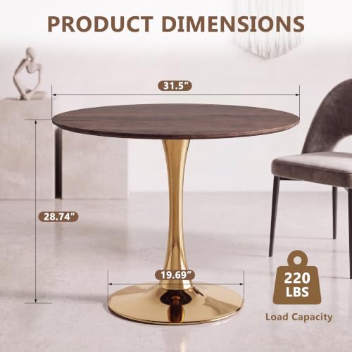 31.5" Round Tulip Dining Table, Circle Tulip Table with MDF Tabletop and Gold Metal Pedestal Base, Mid Century Modern Bistro Table for Kitchen, Dining Room, Cafe (Walnut and Gold) - color: Walnut and Gold