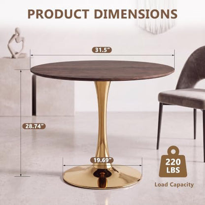 31.5" Round Tulip Dining Table, Circle Tulip Table with MDF Tabletop and Gold Metal Pedestal Base, Mid Century Modern Bistro Table for Kitchen, Dining Room, Cafe (Walnut and Gold) - color: Walnut and Gold