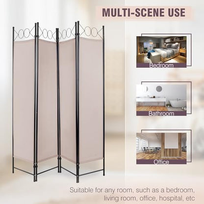 4 Panel Room Divider 6FT Steel Frame Screen Folding Privacy Divider Freestanding Partition for Home Office Bedroom (Tan) - color: Tan