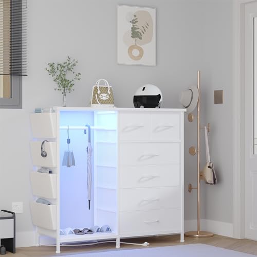 6 Drawer Dresser for Bedroom with Clothes Rack, Clothes Dresser with Side Pockets and Hooks, Charging Station & LED Lights, Wooden Top, Fabric Storage (White) - color: White