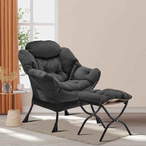 Youtanic Lazy Chair with Folding Ottoman, Accent Chair Velvet Upholstered with Metal Structure and Non-Slip Pads, Sofa Armchair with Footrest and Side Storage Bag for Dorm, Office, Charcoal - color: Charcoal