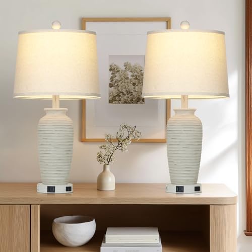 CINSARY 25" Retro White Farmhouse Jar Table Lamps Set of 2, 3 Way Touch Control Rustic Bedside Lamps with USB A+C Ports & AC Outlet, Pot Nightstand Lamps for Bedroom Living Room (LED Bulbs Included) - color: Retro White
